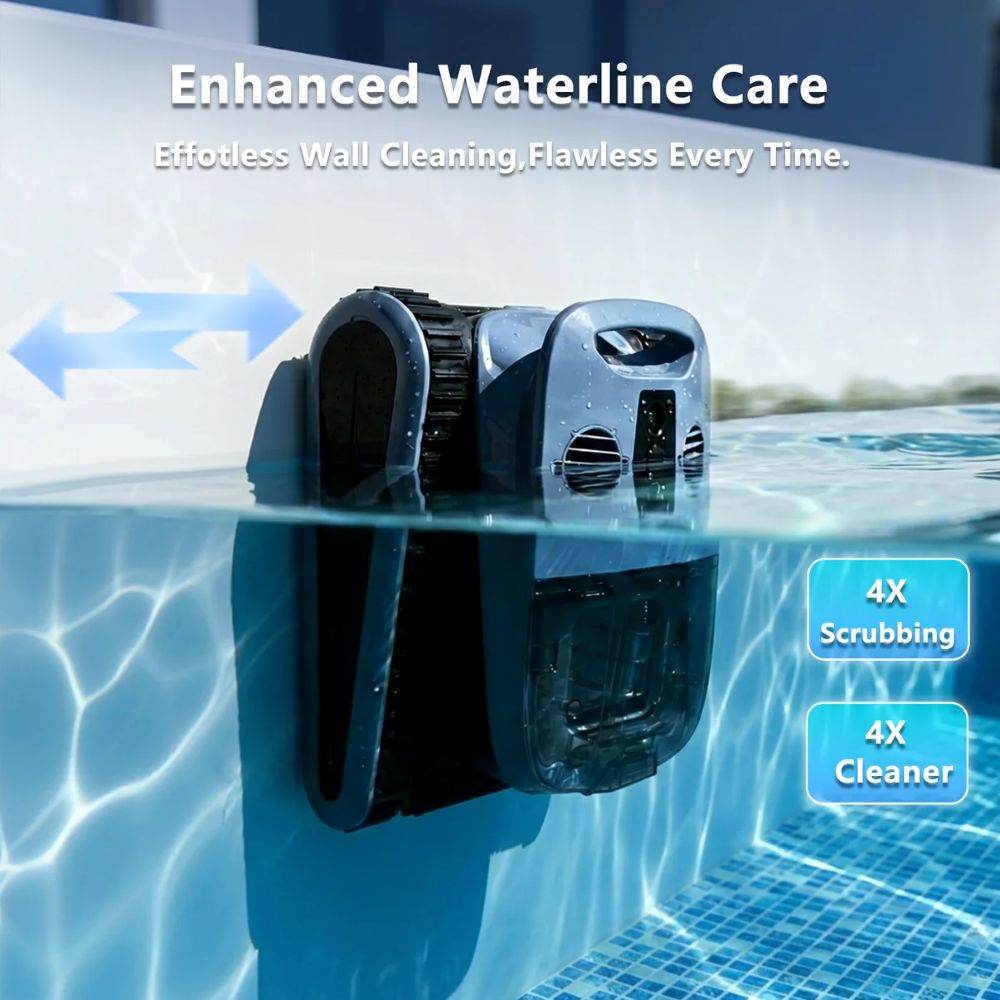 Un robot limpiapiscinas azul trepa y limpia una pared blanca de la piscina.