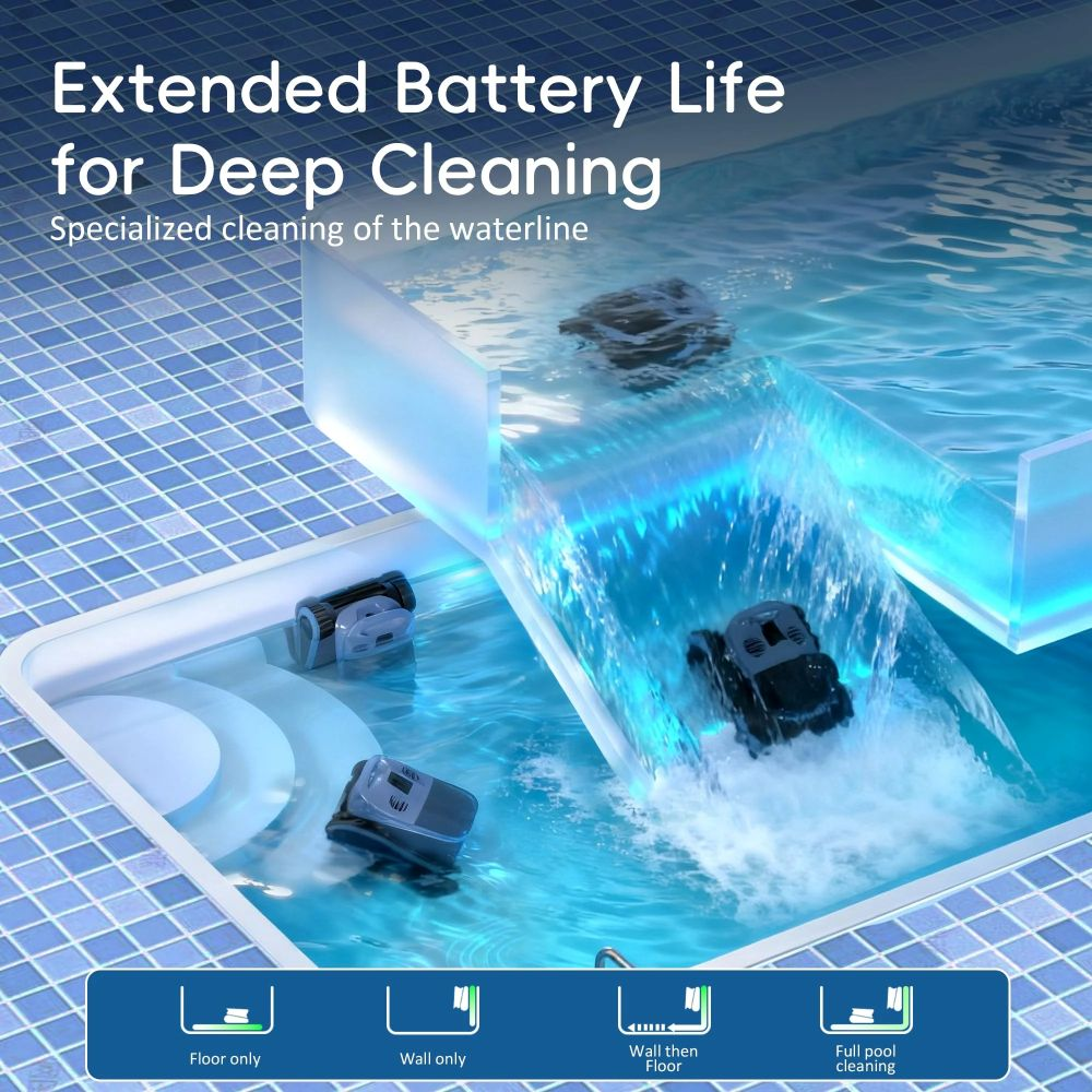 Robots limpian una piscina azul con cascada y suelo de azulejos.