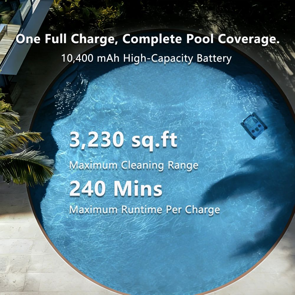 Piscina con pulitore, specifiche batteria e portata.