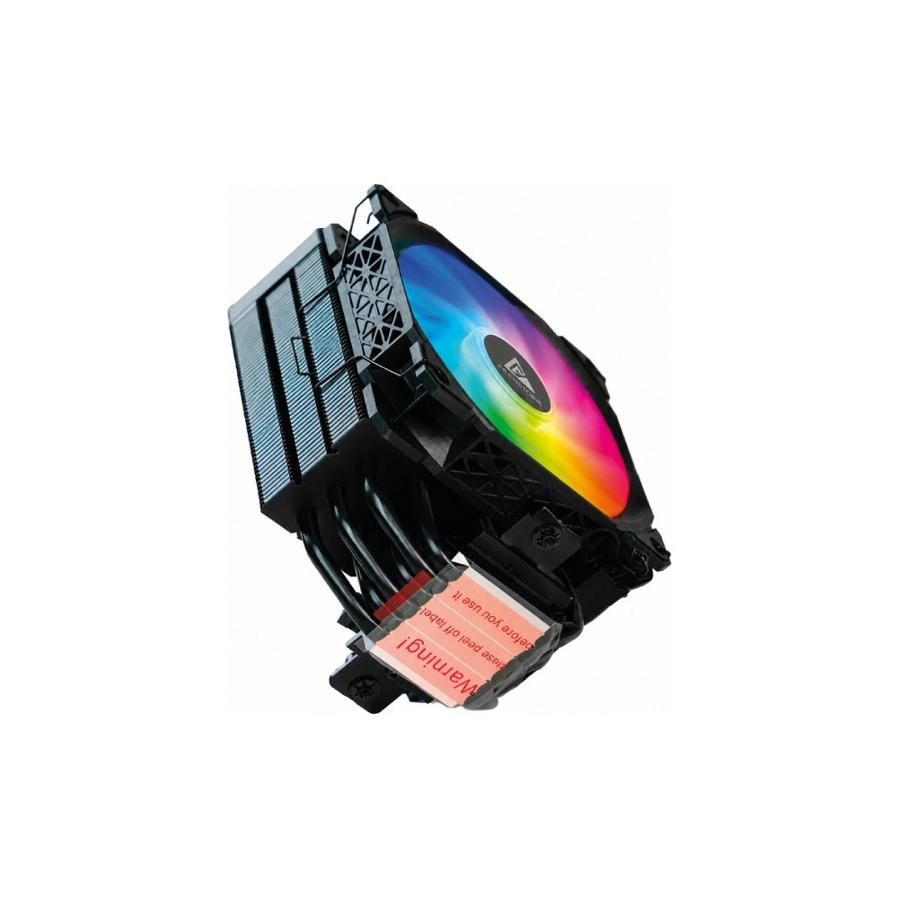 Canlı RGB fanlı ve tabanında uyarı etiketli siyah bir CPU soğutucusu.
