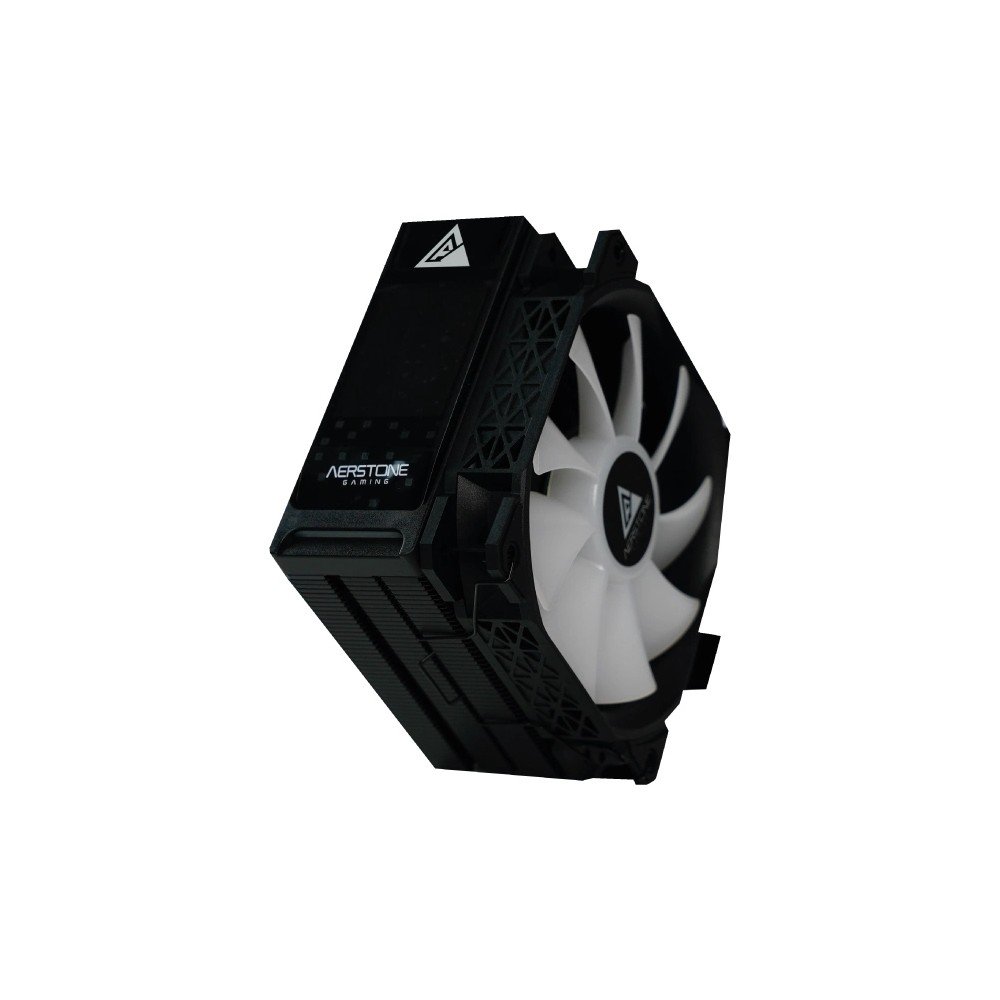 Beyaz arka planda beyaz fanlı siyah Aerstone Gaming işlemci soğutucusu.