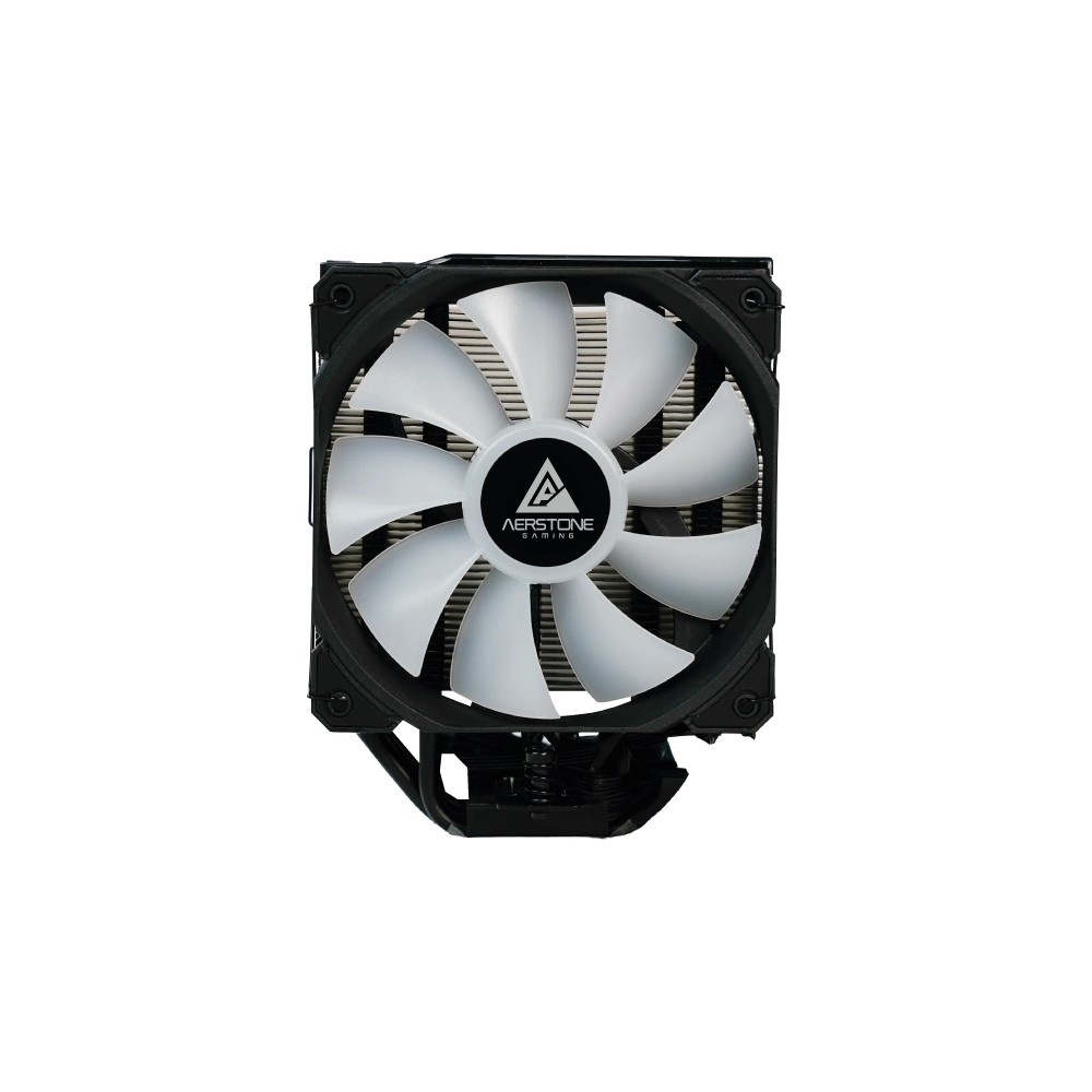 Beyaz arkaplan üzerinde beyaz fanlı siyah Aerstone Gaming işlemci soğutucusu.