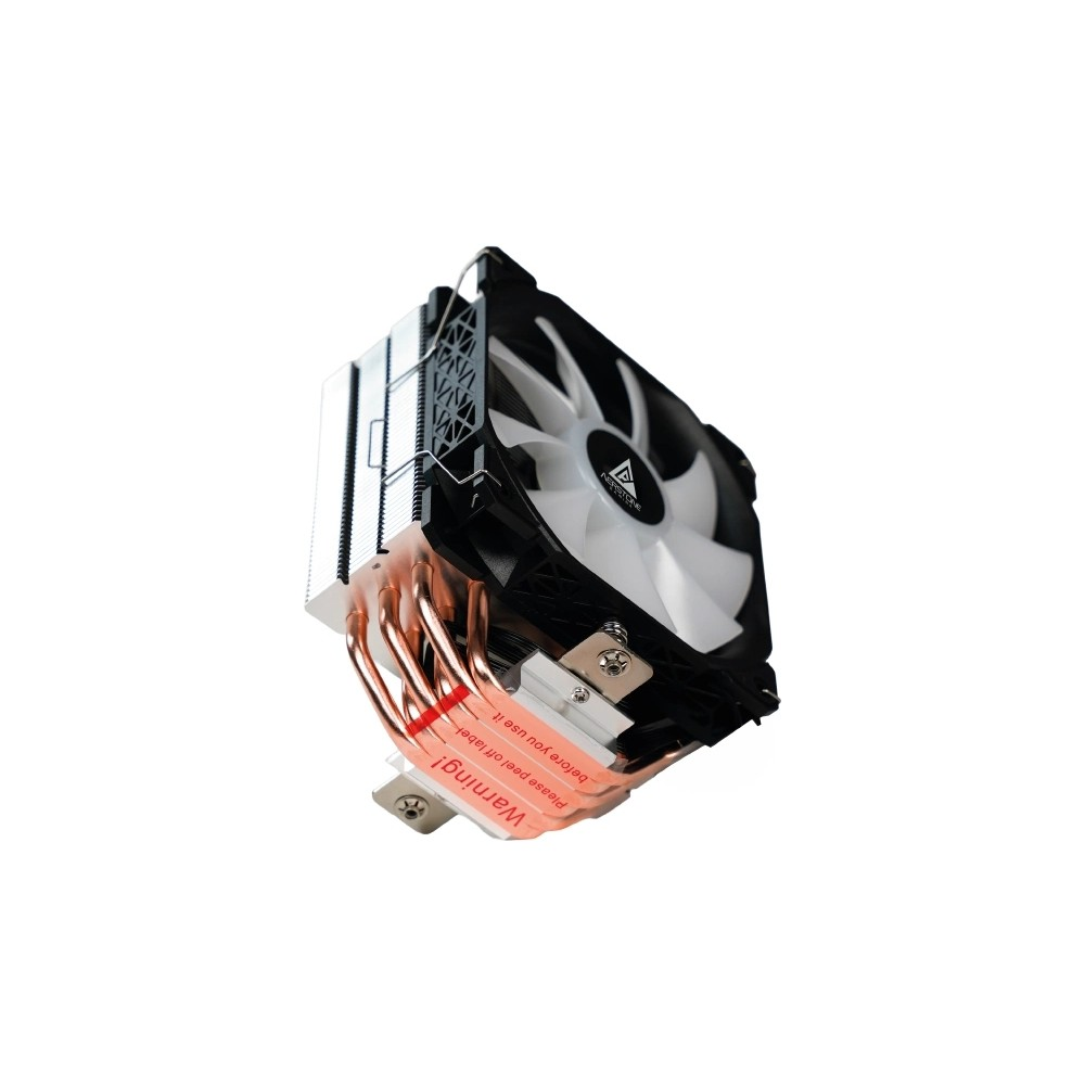 Bakır ısı borulu ve uyarı etiketli siyah ve gümüş renkli CPU soğutucusu.