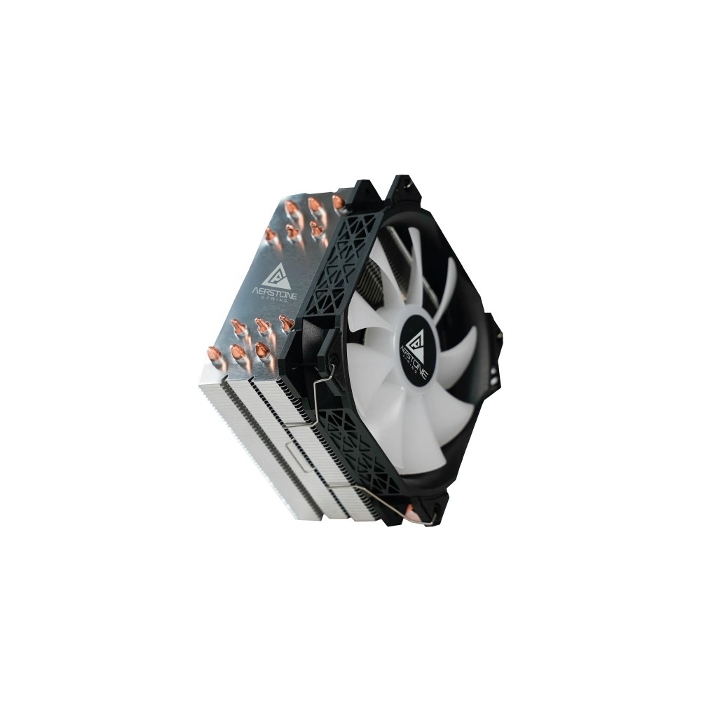 Gümüş lamelli, bakır borulu ve siyah kasalı beyaz fanlı bir CPU soğutucusu.