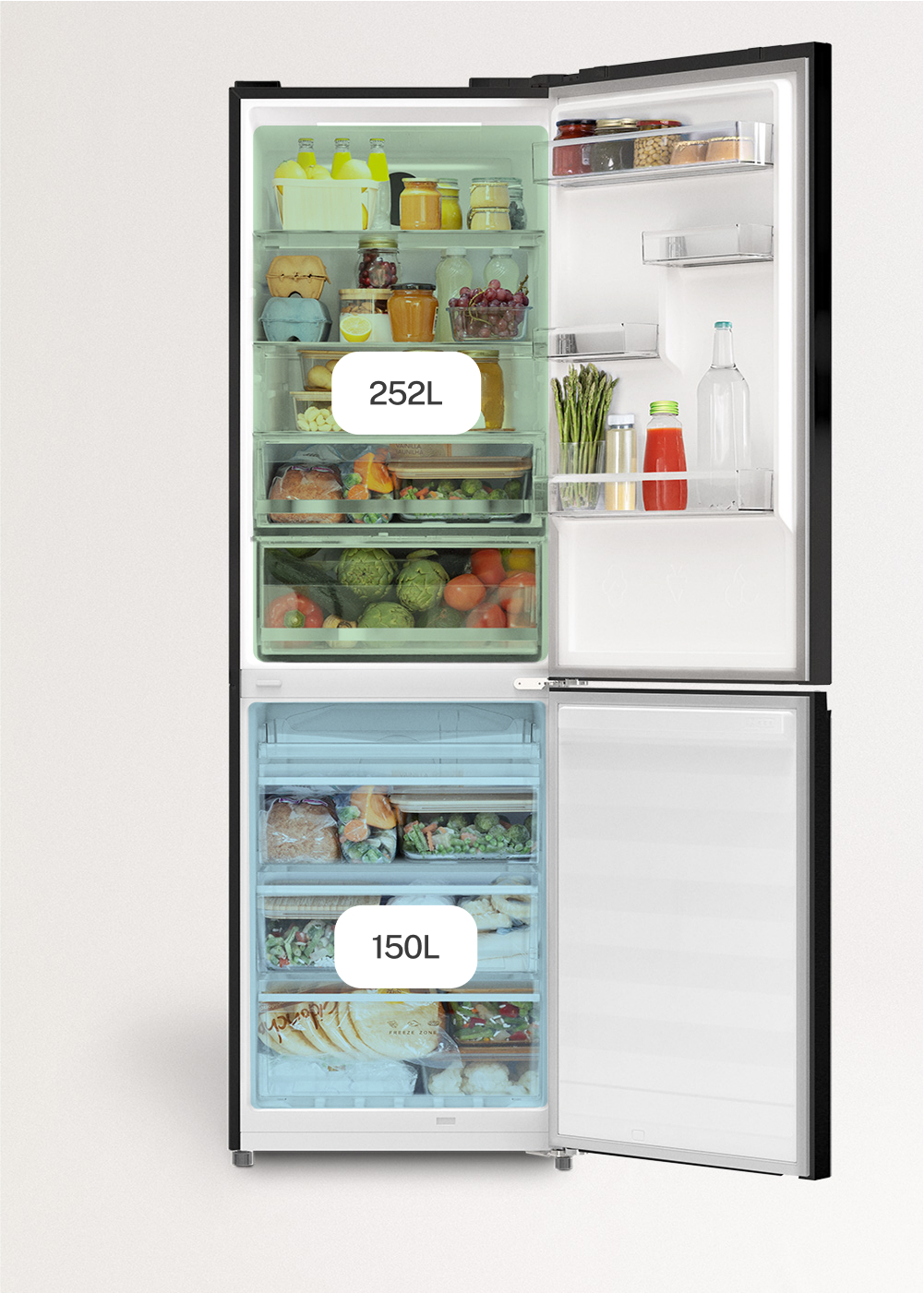 Frigorífico negro abierto con estantes llenos, cajón de verduras y congelador de 150L.