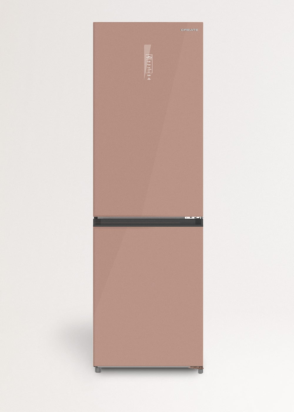 Un refrigerador moderno de color rosa con pantalla digital contra una pared blanca.