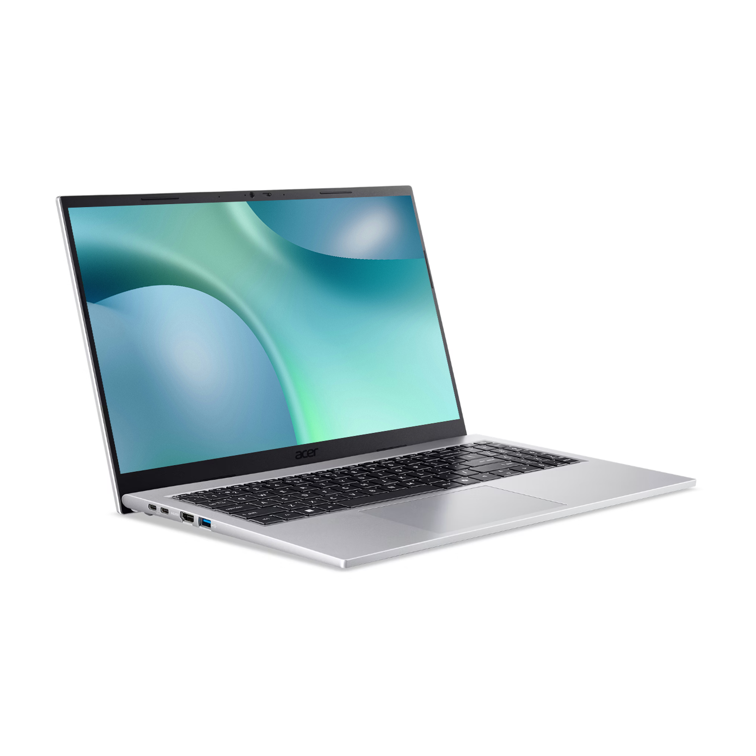 Gümüş renkli bir Acer dizüstü bilgisayar beyaz bir yüzeyde açık duruyor, ekranda mavi ve yeşil soyut duvar kağıdı var.