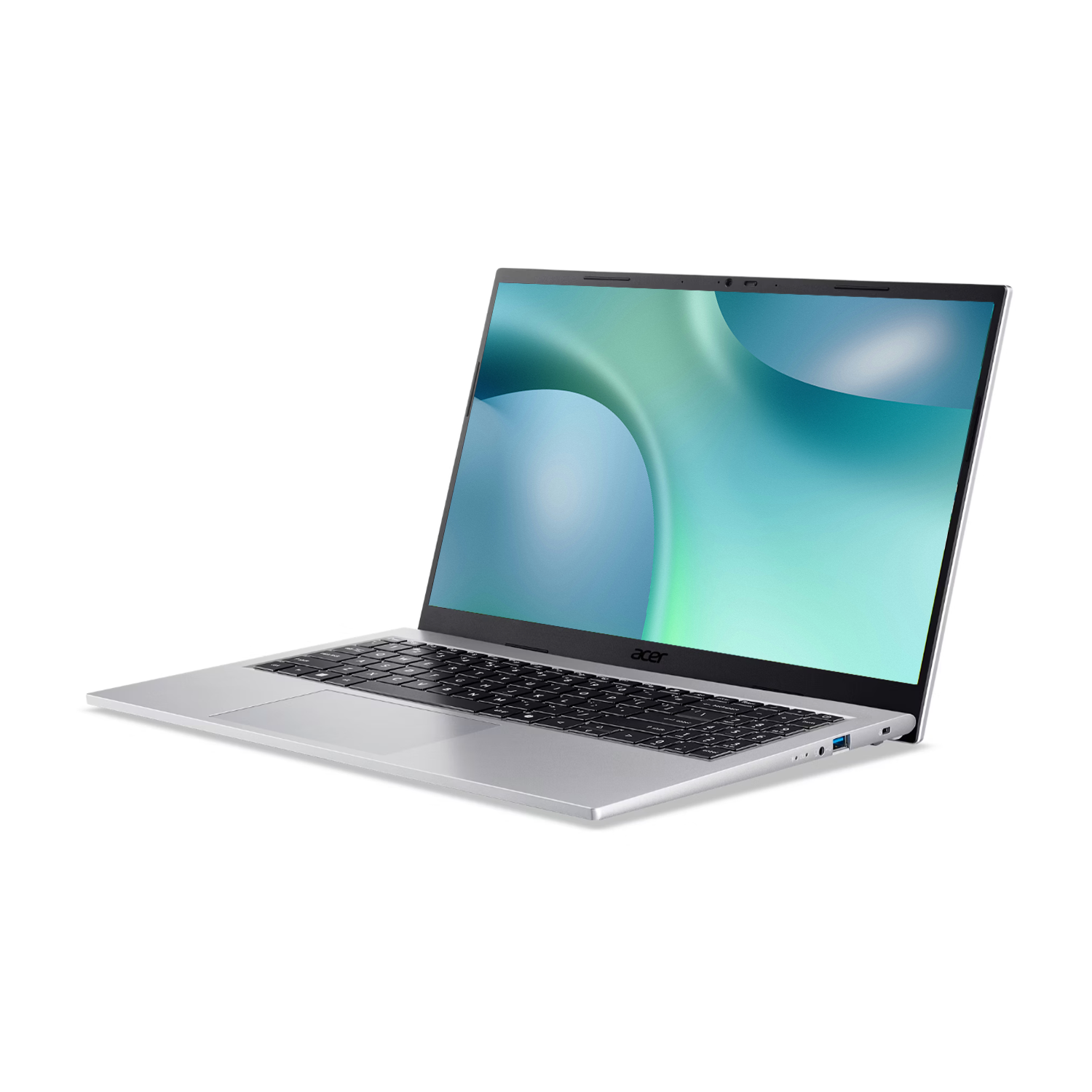Beyaz bir yüzey üzerinde mavi ve yeşil soyut duvar kağıdı olan açık ekranlı gümüş renkli bir Acer dizüstü bilgisayar.