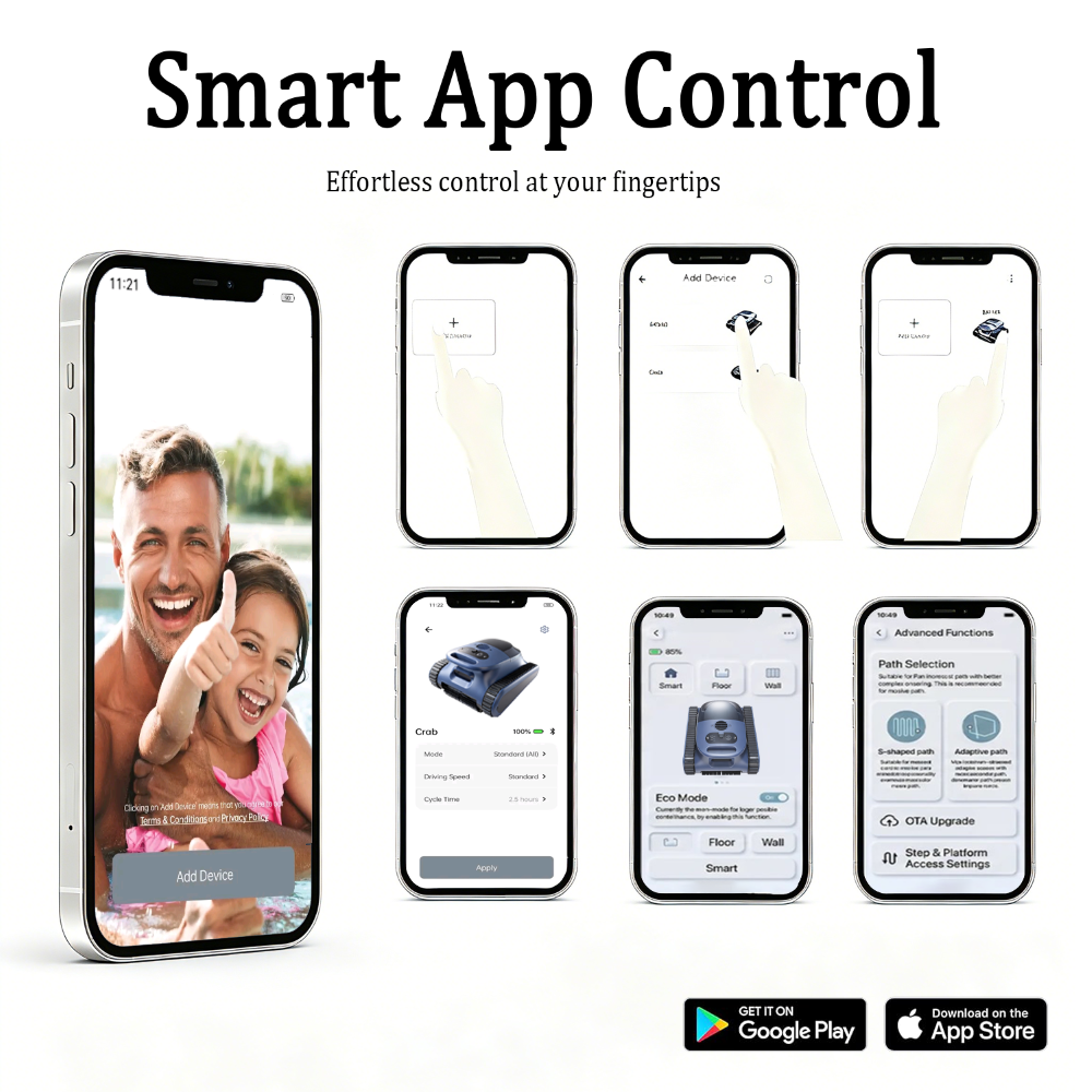 Controllo app smart su smartphone multipli con schermate di interfaccia e loghi.