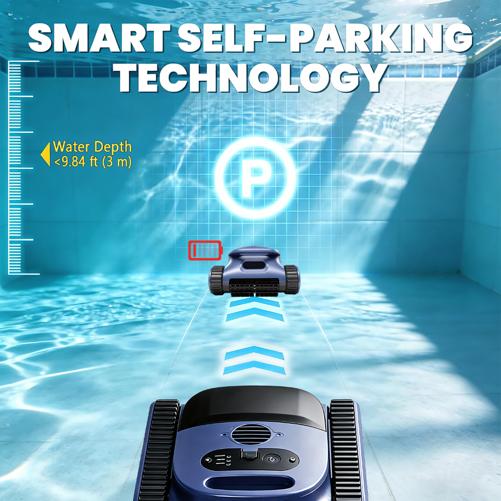 Un robot per piscina blu si parcheggia sott'acqua con un'icona luminosa e scala di profondità.