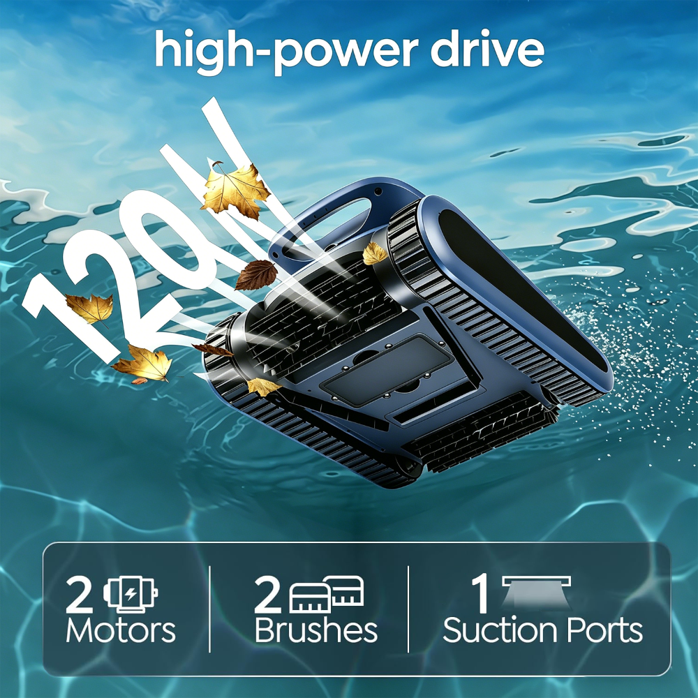 Un pulitore per piscina blu aspira foglie sott'acqua, con testi come 120W e high-power drive.