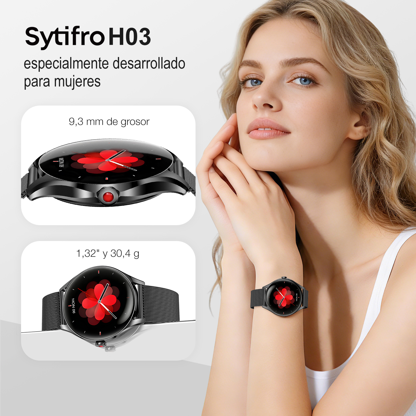 Una mujer lleva un reloj inteligente Sytifro H03 negro. Las imágenes muestran detalles.