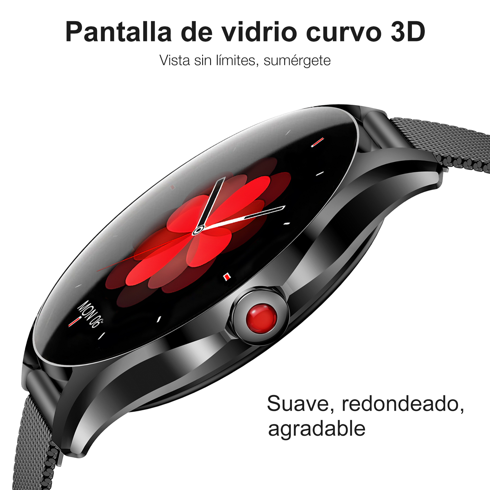 Smartwatch negro con pantalla redonda, esfera floral roja y correa metálica.