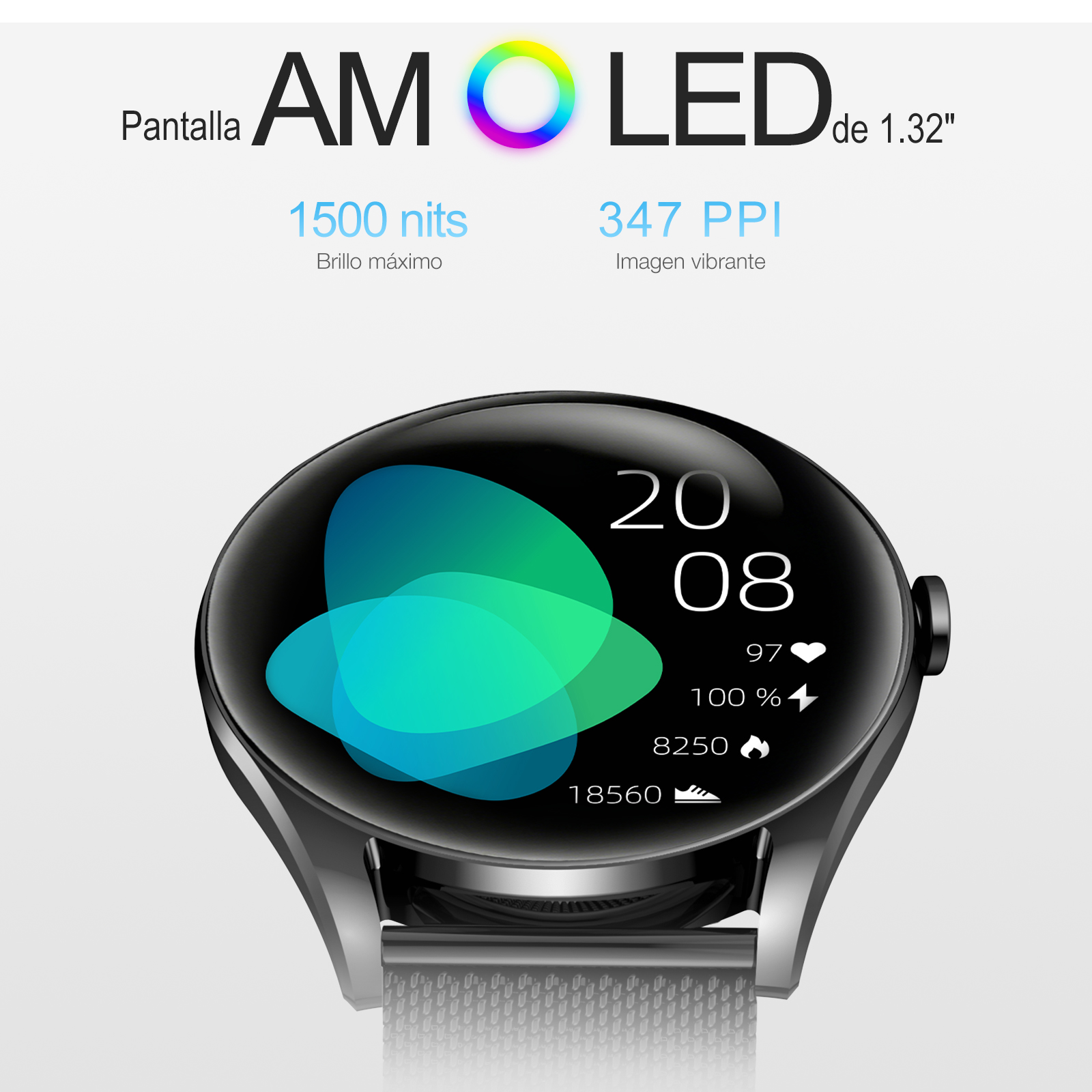 Reloj inteligente negro con pantalla AMOLED que muestra hora, frecuencia cardíaca y métricas en fondo blanco.
