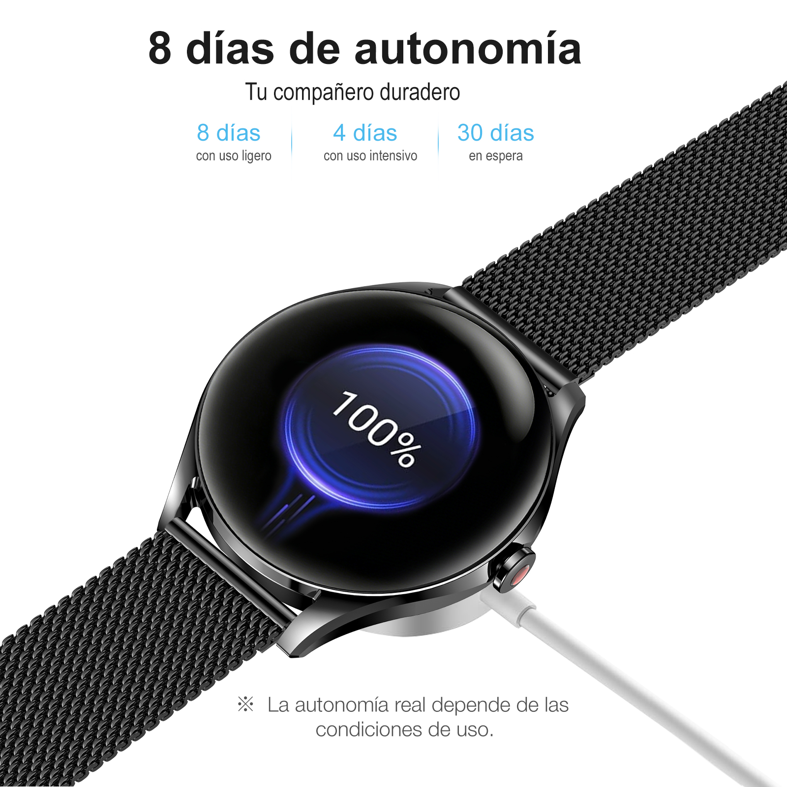 Smartwatch negro con correa metálica cargándose, la pantalla muestra 100% de batería.