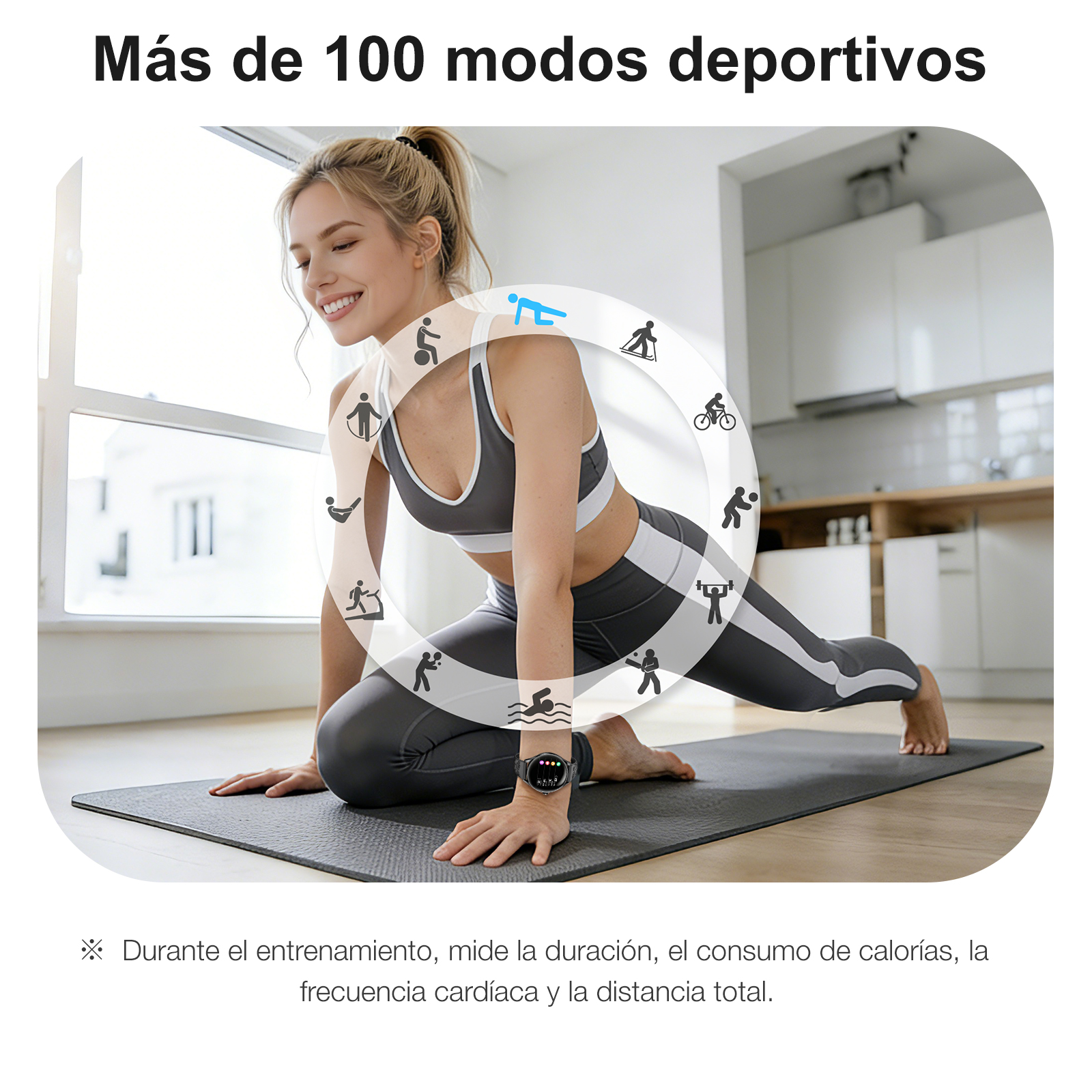 Una mujer rubia en ropa deportiva hace yoga en una esterilla, rodeada de iconos de modos deportivos.