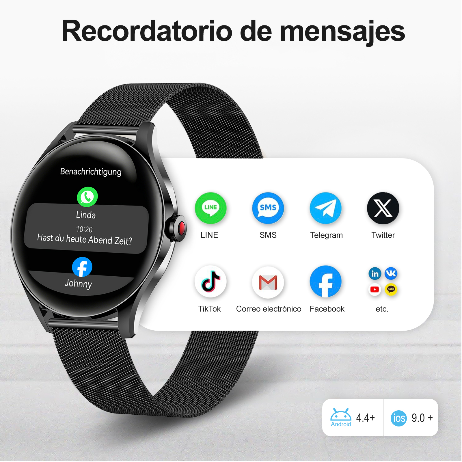 Reloj inteligente negro que muestra notificaciones de mensajes e iconos de aplicaciones como WhatsApp, LINE y Telegram.