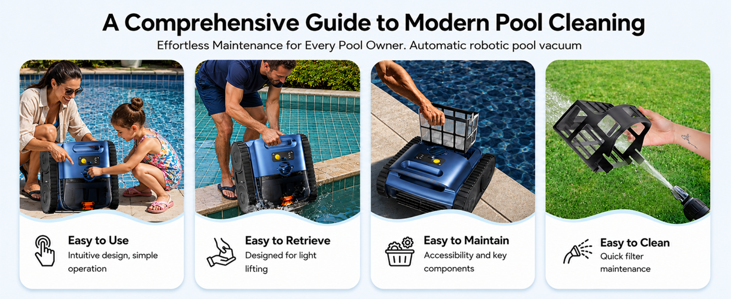 Guía de limpieza de piscinas con cuatro pasos sobre cómo usar y mantener un robot limpiafondos azul.