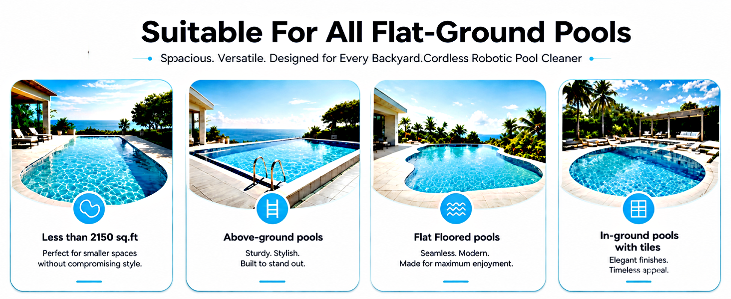 Un anuncio de un limpiapiscinas robótico inalámbrico apto para varios tipos de piscinas planas como elevadas o azulejos.