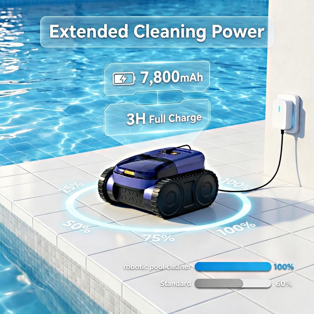 Un limpiapiscinas robótico azul se carga en un patio de piscina con gráficos de batería y rendimiento.