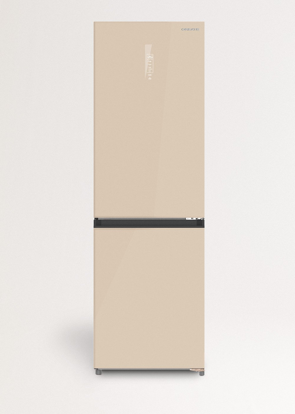 Un moderno refrigerador beige con pantalla digital se encuentra contra una pared blanca.