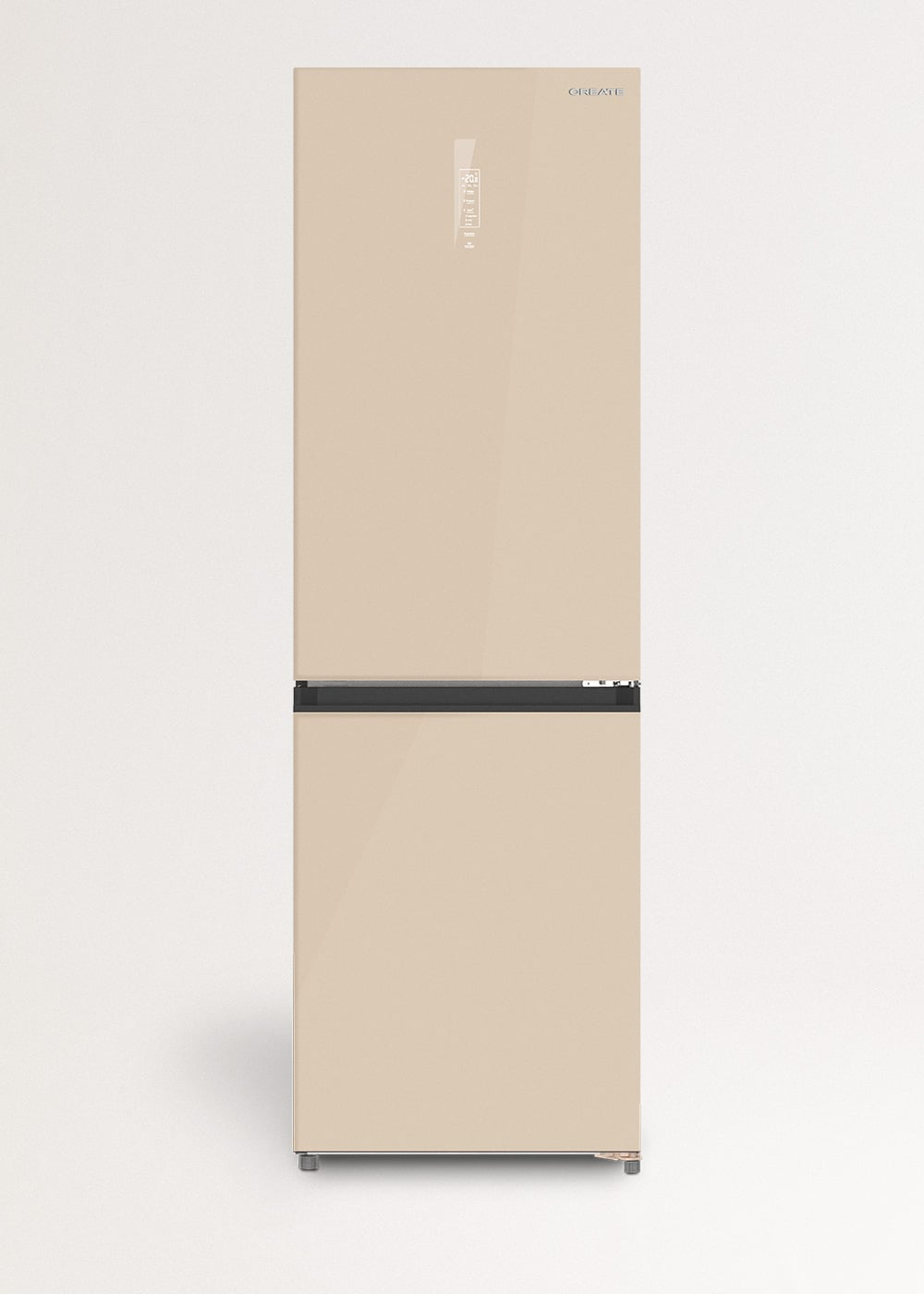 Un refrigerador beige con tirador negro se encuentra sobre fondo blanco.