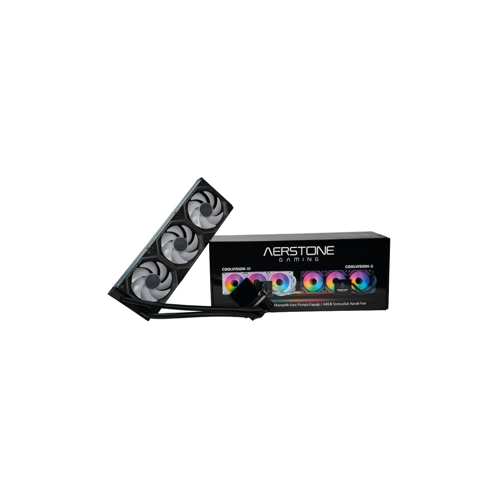 Beyaz arka planda üç fanlı siyah Aerstone Gaming sıvı CPU soğutucusu ve kutusu.