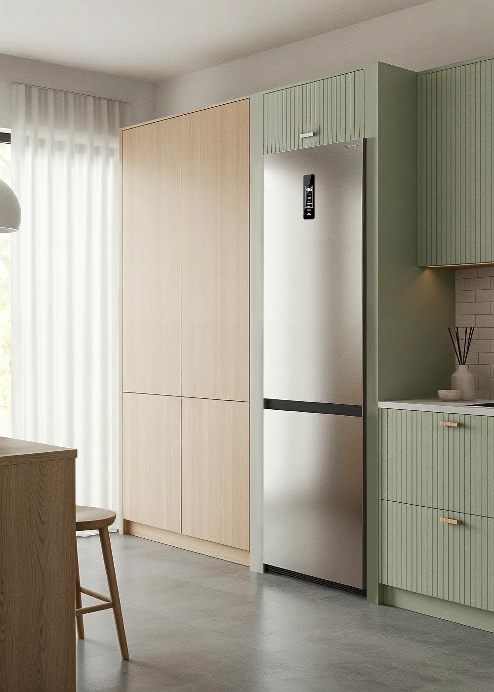 Cocina moderna con frigorífico plateado integrado, armarios verde claro, paneles de madera y taburete de madera.