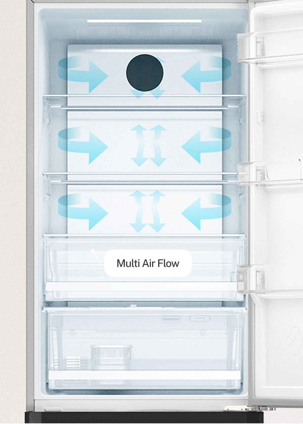 Interior de refrigerador abierto con flechas azules de flujo de aire y texto Multi Air Flow.