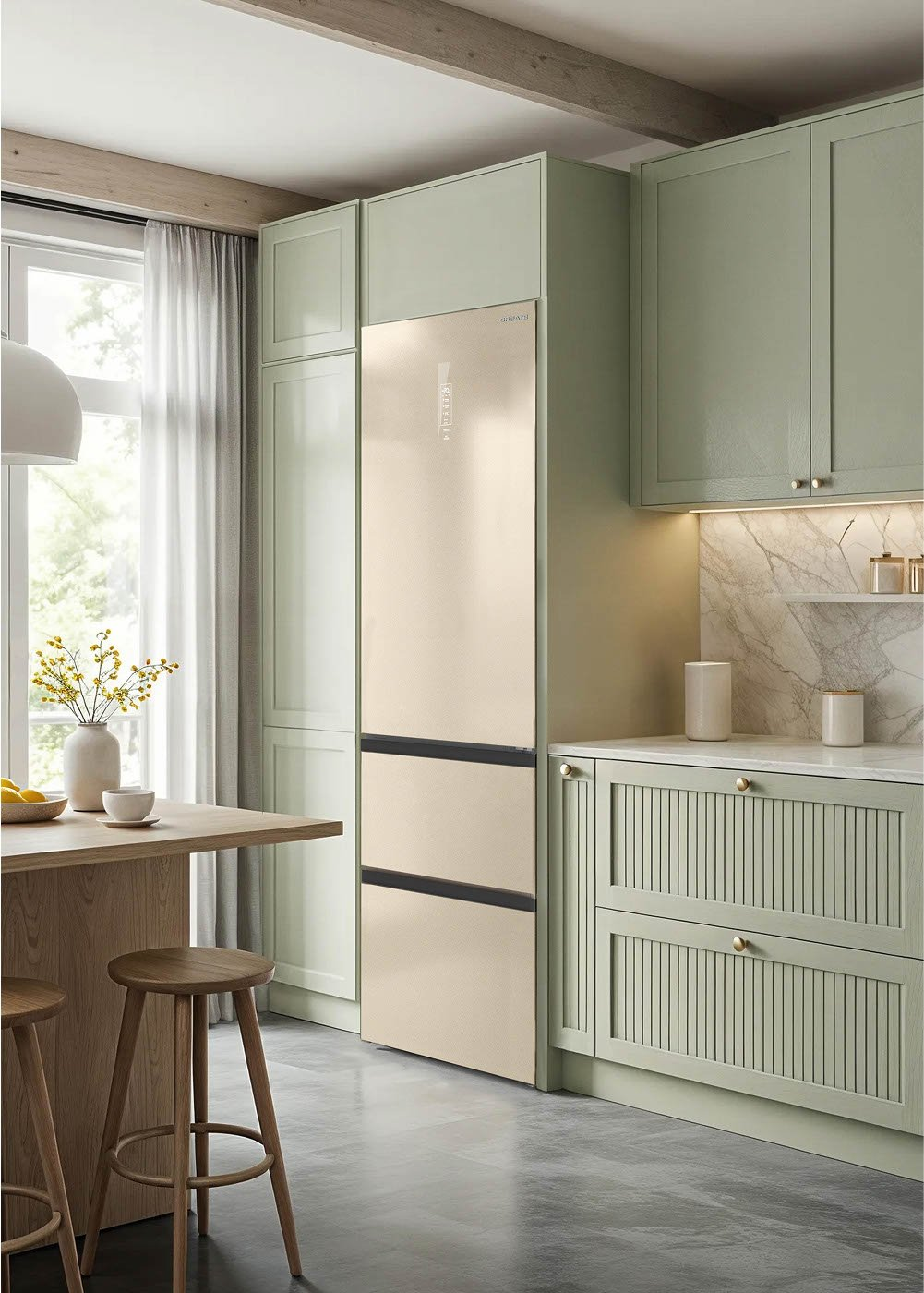 Moderna cocina verde pastel con refrigerador beige, barra de madera y taburetes.