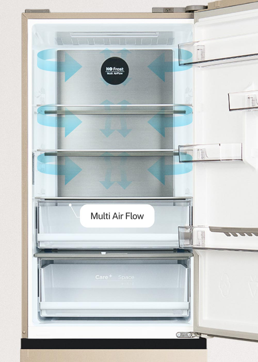 Refrigerador abierto con flechas azules que muestran el flujo de aire y una etiqueta de Multi Air Flow.