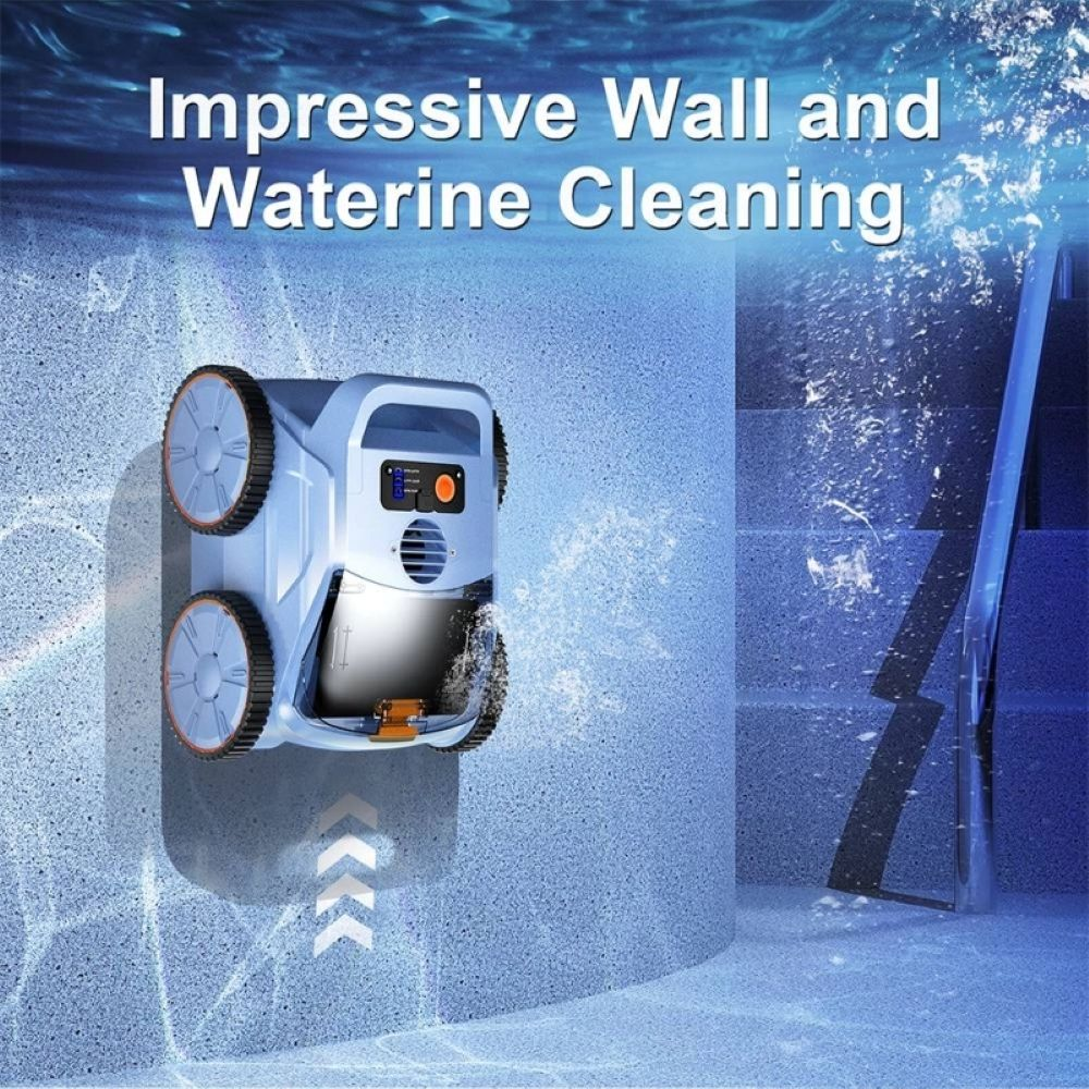 Un limpiafondos azul trepa por la pared de la piscina para limpiarla junto con la línea de flotación.