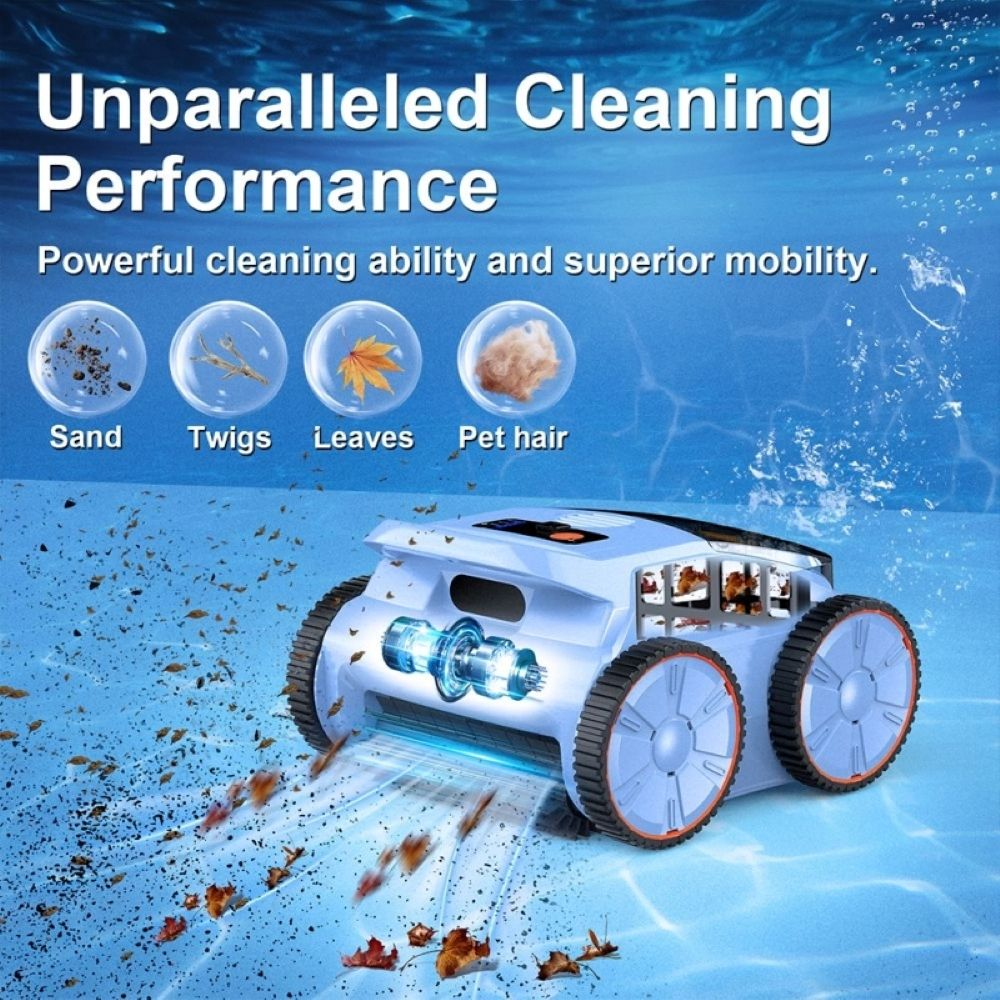 Un robot de piscina azul limpia el fondo de hojas y residuos, con iconos de arena, ramas, hojas y pelo de mascotas.