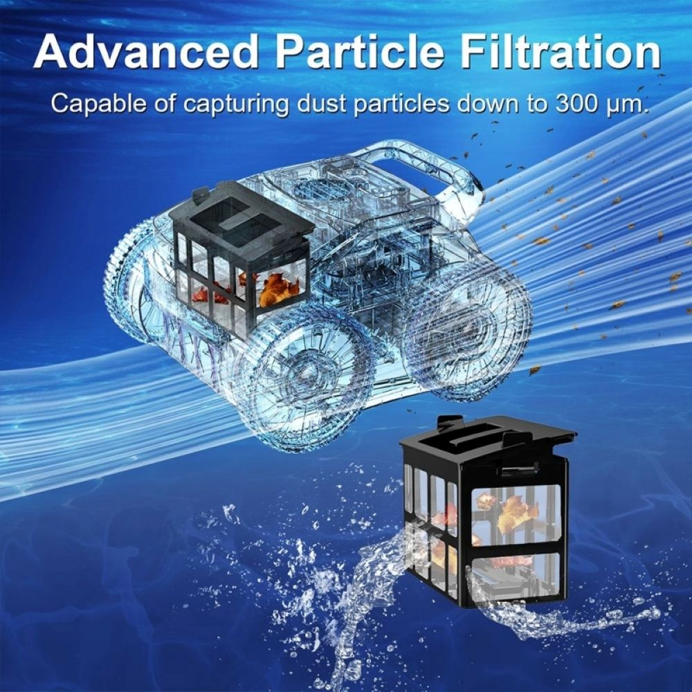 Limpiafondos transparente bajo el agua que muestra filtración avanzada de partículas de hasta 300 µm.
