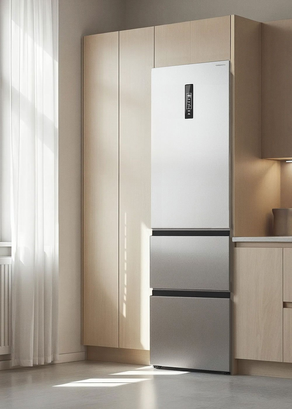 Un refrigerador blanco moderno con pantalla digital se encuentra en una cocina luminosa con gabinetes de madera.