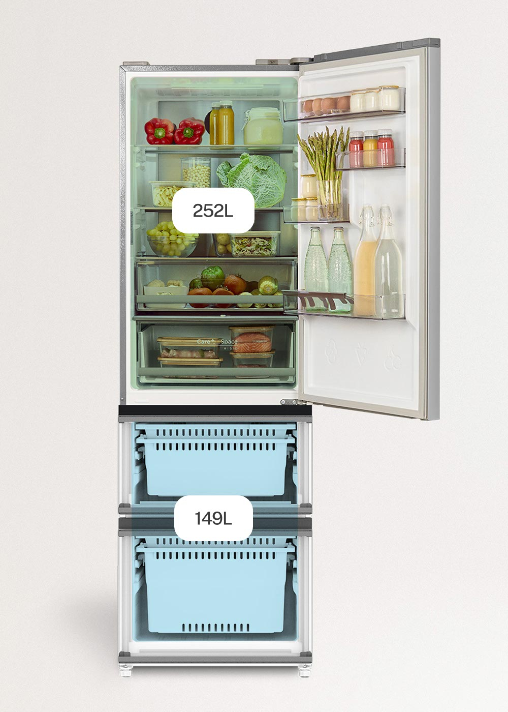 Frigorífico abierto con alimentos y dos cajones azules de congelador abajo, con capacidades de 252L y 149L.