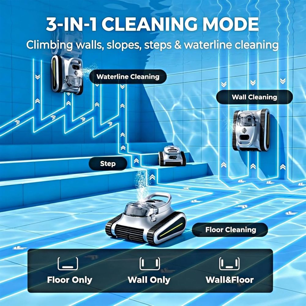 Un robot de piscina autónomo limpia paredes, línea de agua y suelo en una piscina con tres modos.