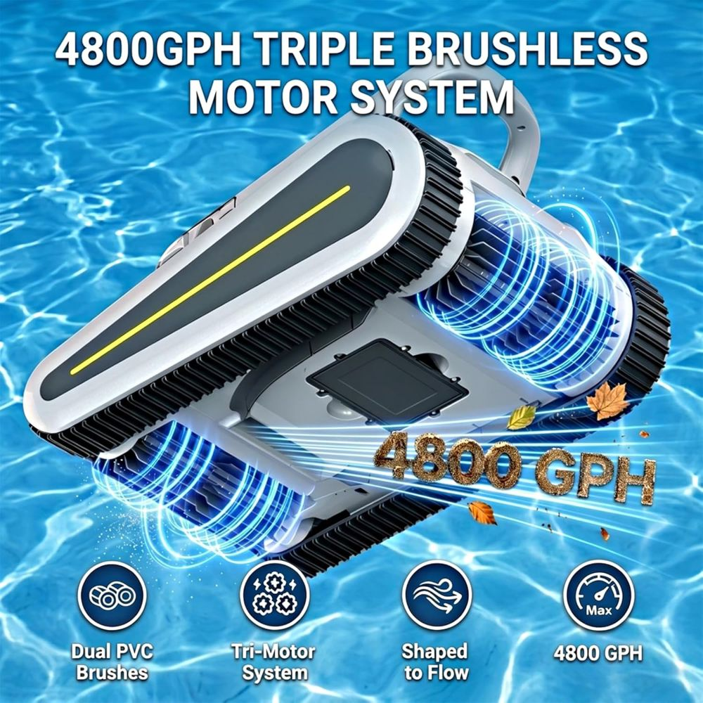 Un robot limpiafondos con orugas y chorros de agua promociona su sistema de motor sin escobillas triple de 4800GPH.