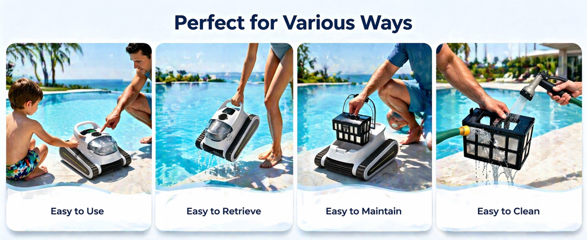 Cuatro paneles muestran el uso, recuperación, mantenimiento y limpieza de un robot de piscina.