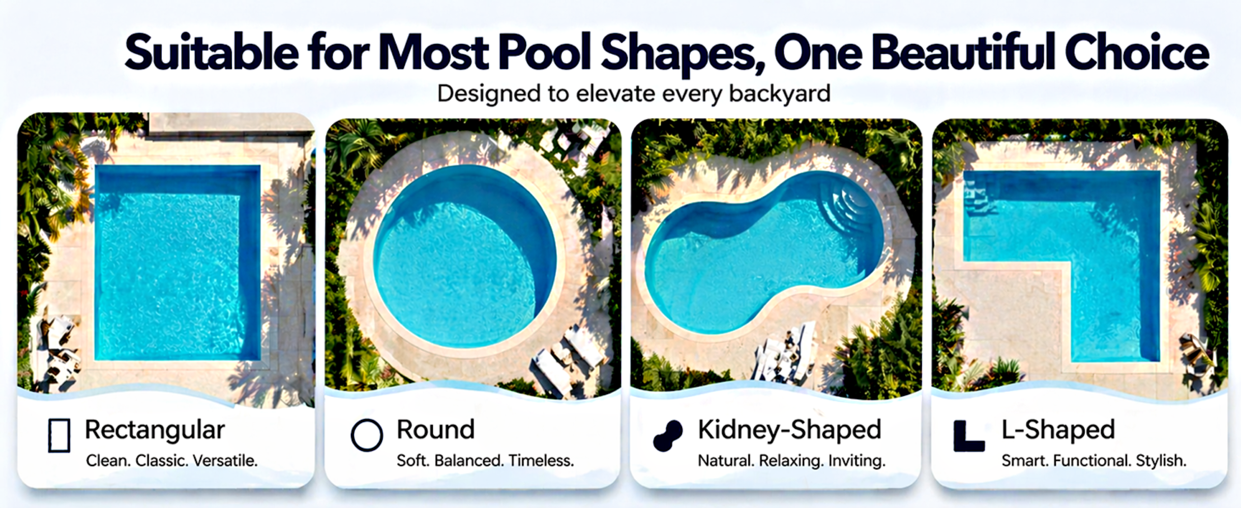 Cuatro formas de piscinas: rectangular, redonda, en forma de riñón y en L, destacando su versatilidad.