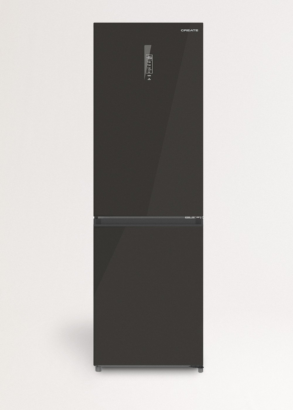 Un refrigerador negro moderno de Create se encuentra contra una pared blanca.