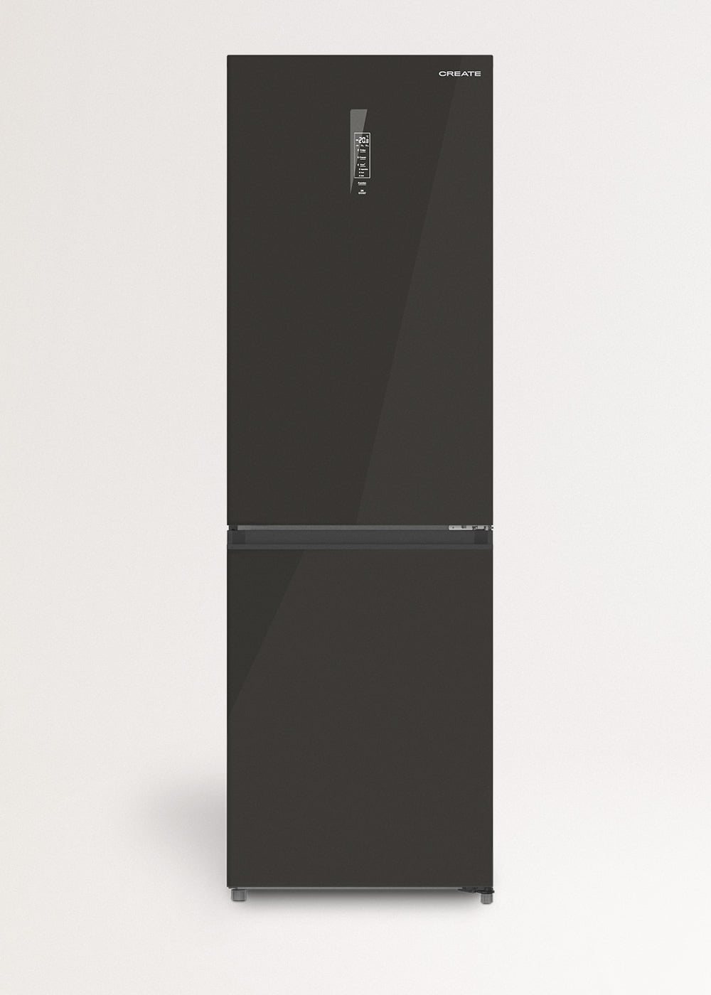 Un refrigerador negro y elegante con una pantalla digital en la puerta se encuentra sobre un fondo blanco.