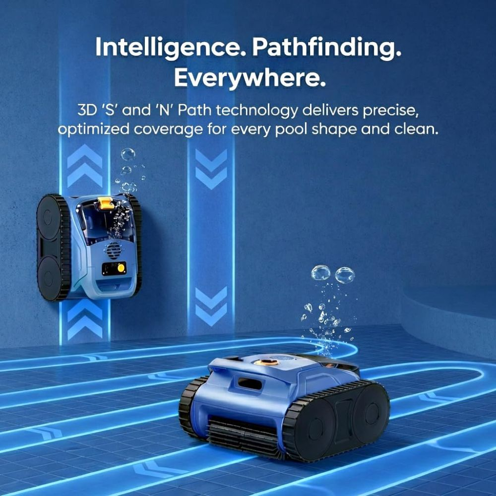 Limpiadores de piscinas azules limpian paredes y suelo con tecnología.