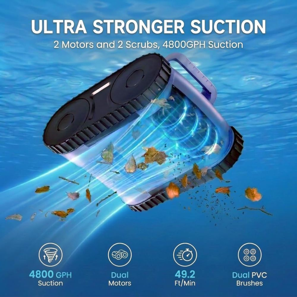 Un robot limpia piscinas azul absorbe hojas bajo el agua, con texto como 4800GPH Suction.