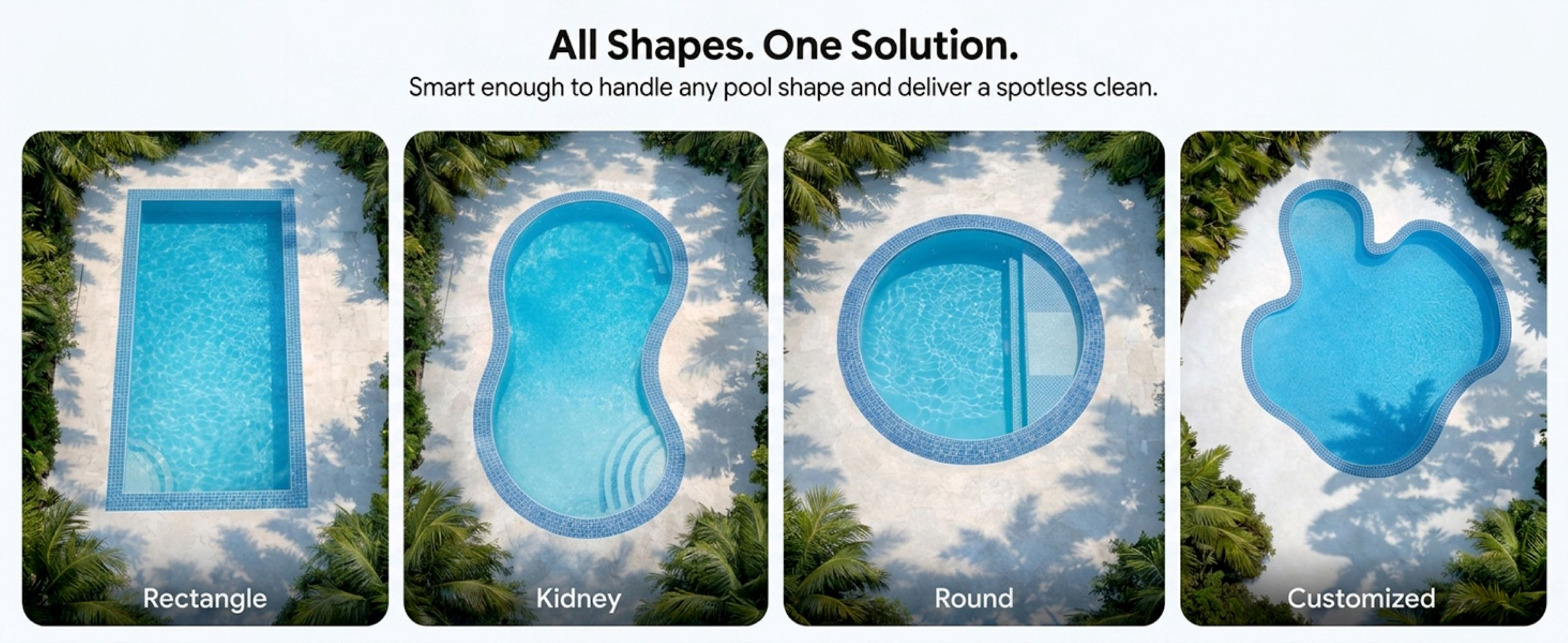 Cuatro formas de piscina diferentes en un jardín: rectángulo, riñón, redonda y personalizada.