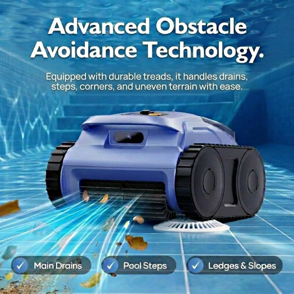 Un robot limpiapiscinas azul con orugas limpia el fondo de una piscina azul.