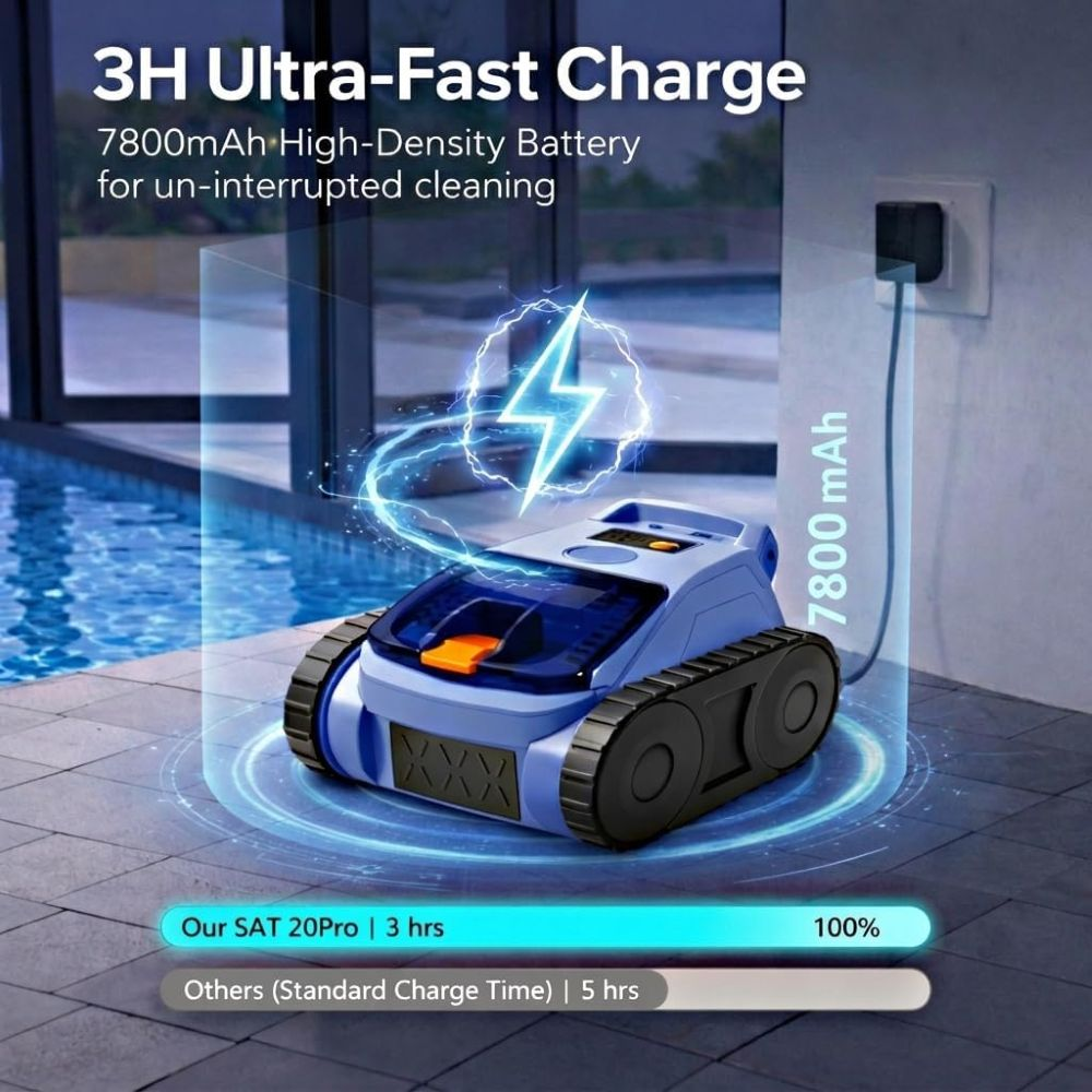 Un robot limpia piscinas azul se carga en un enchufe, con texto sobre tiempo de carga y batería.