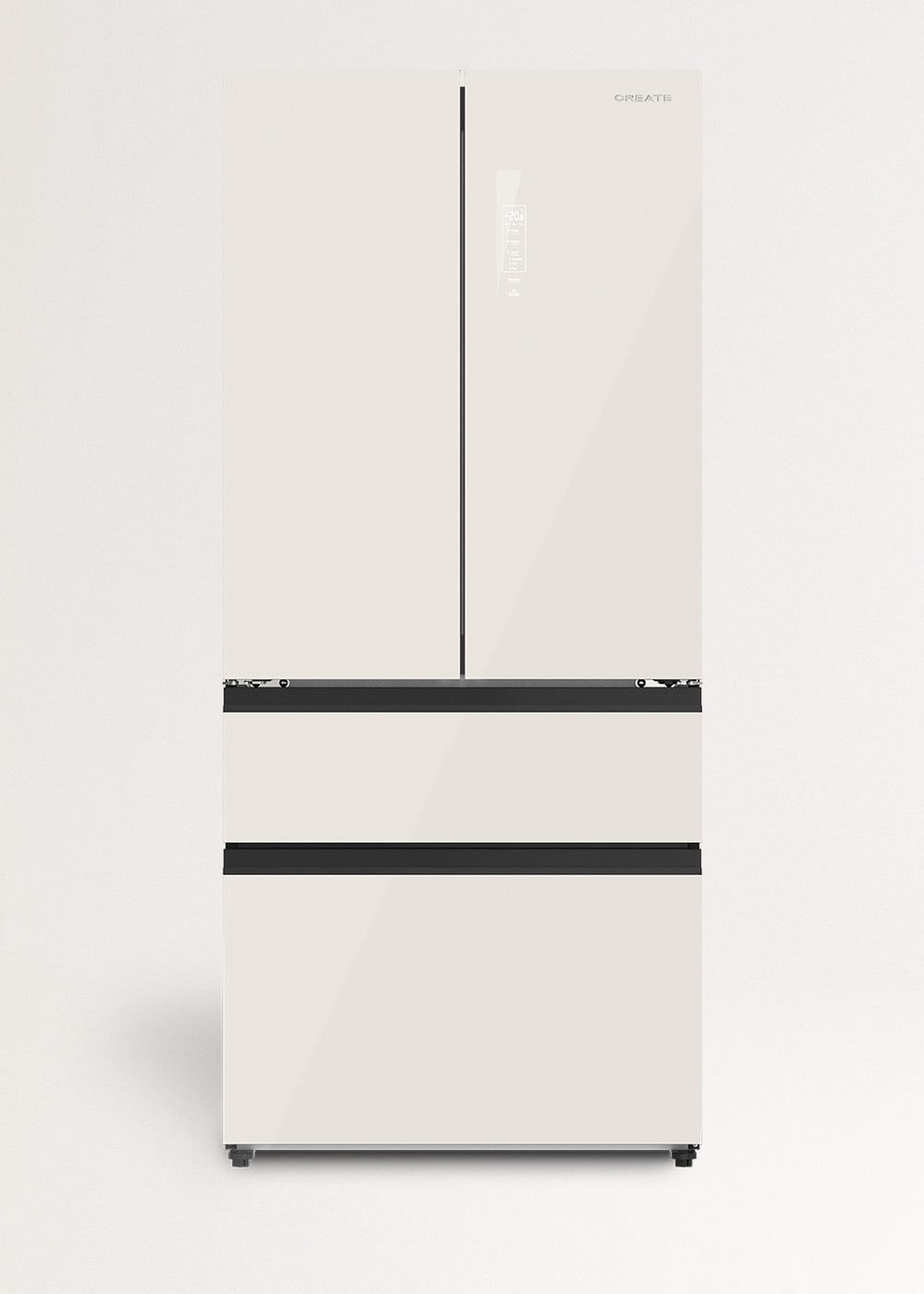 Moderno refrigerador beige de cuatro puertas con pantalla digital contra una pared clara.
