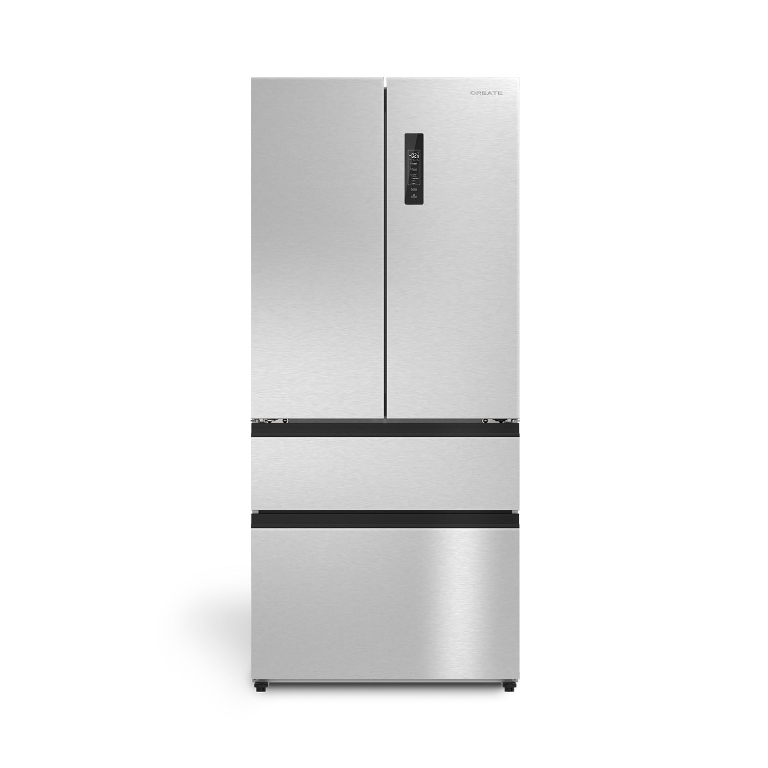 Un refrigerador moderno de acero inoxidable de múltiples puertas con un panel de pantalla digital.