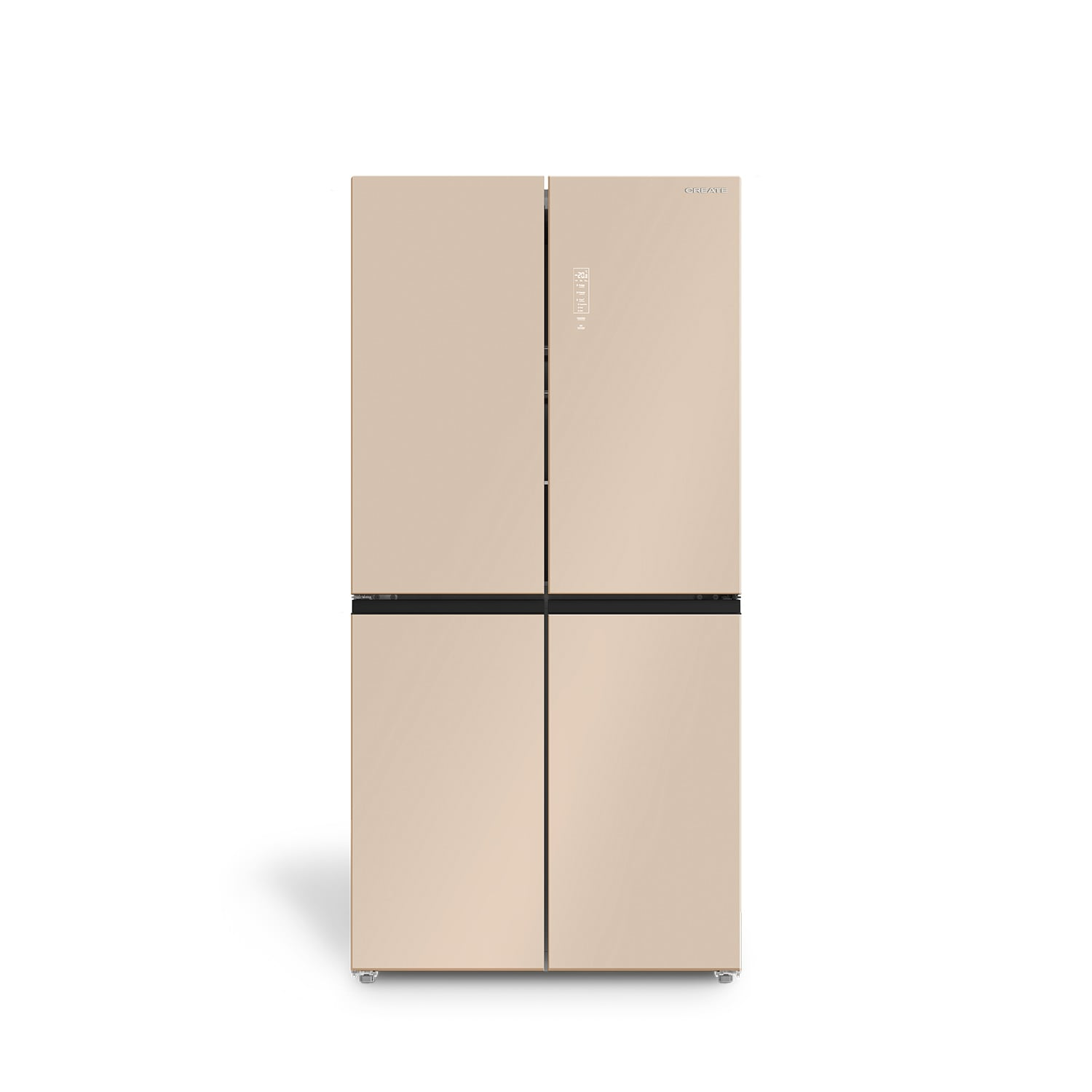 Un refrigerador beige de cuatro puertas con panel de pantalla digital sobre fondo blanco.